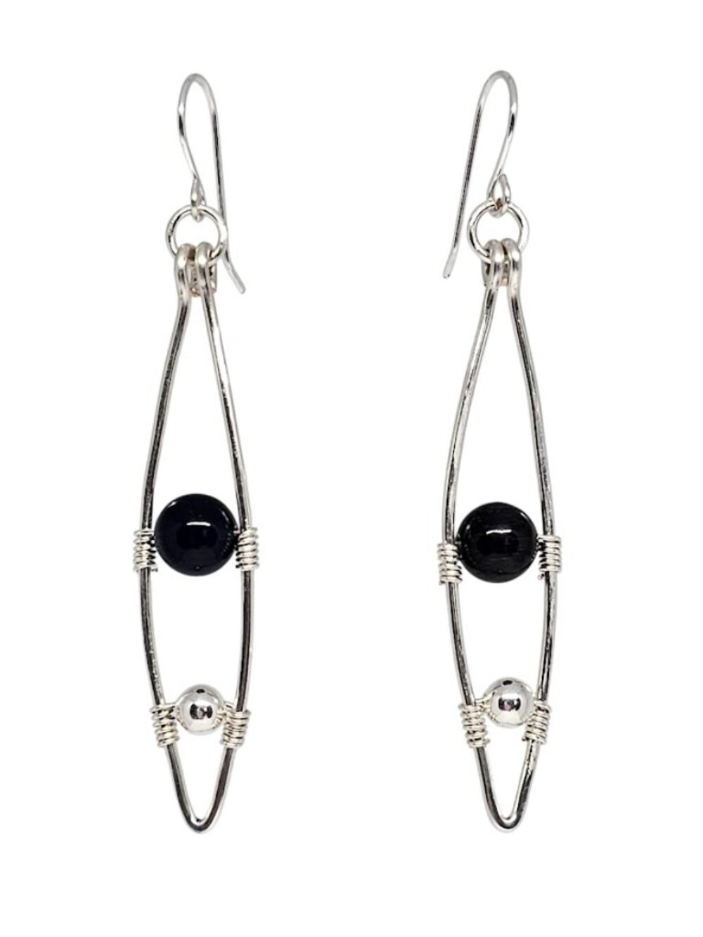 Handmade Black Agate Gemstone Beaded Silver Geometric Hoop Boho Dangle Earrings